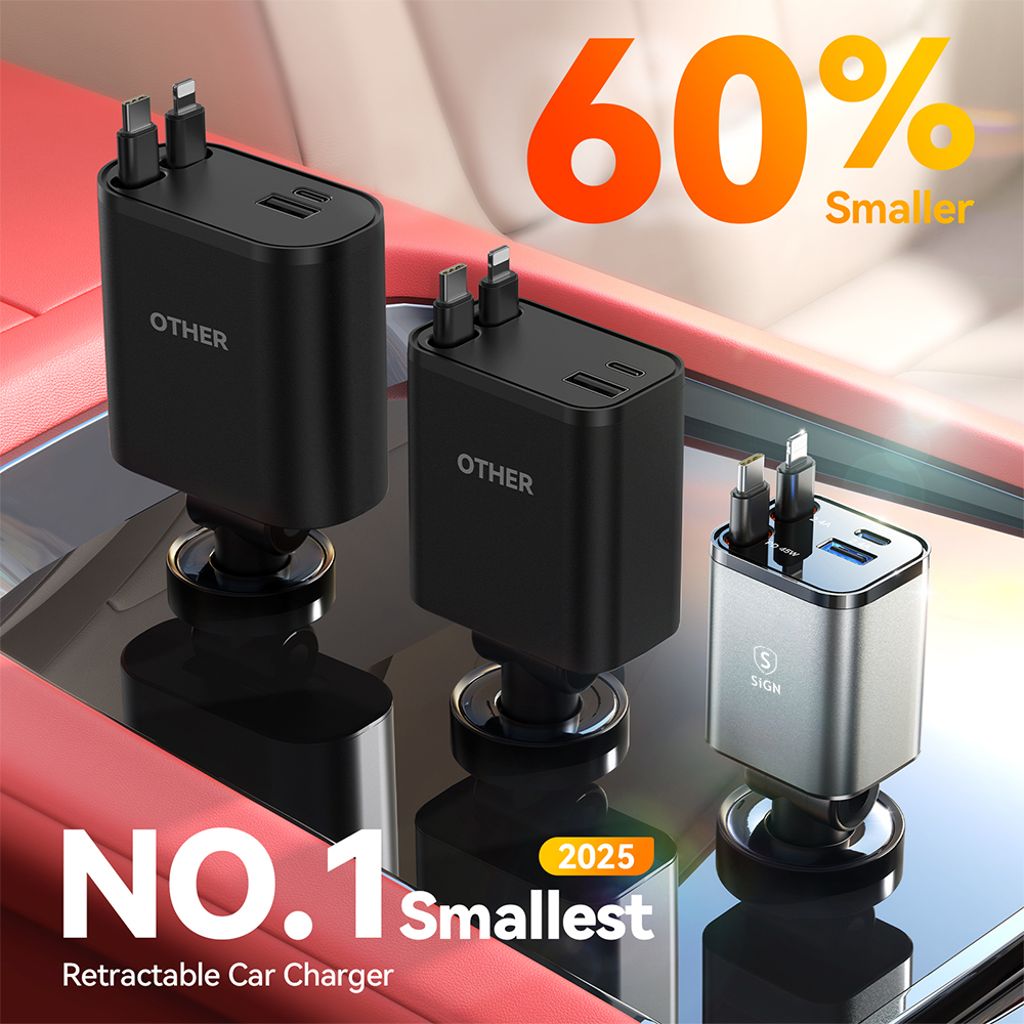 SiGN 4-i-1 Billaddare med utdragbara USB-C/Lightning-kablar 45W