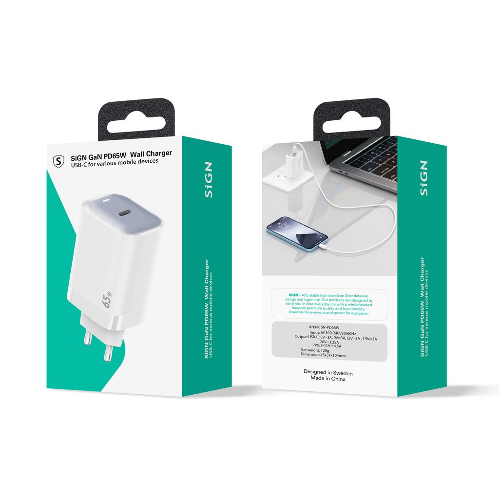 SiGN 65W Snabbladdare USB-C PD Vit