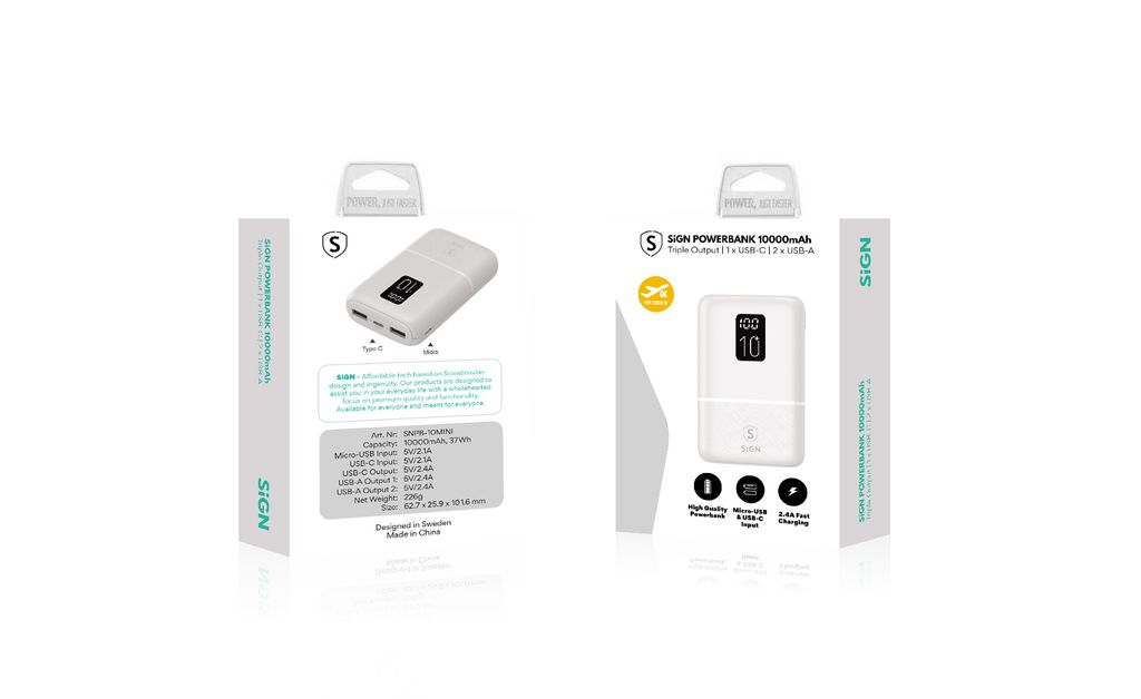 SiGN Mini Powerbank med Display 10 000mAh Vit