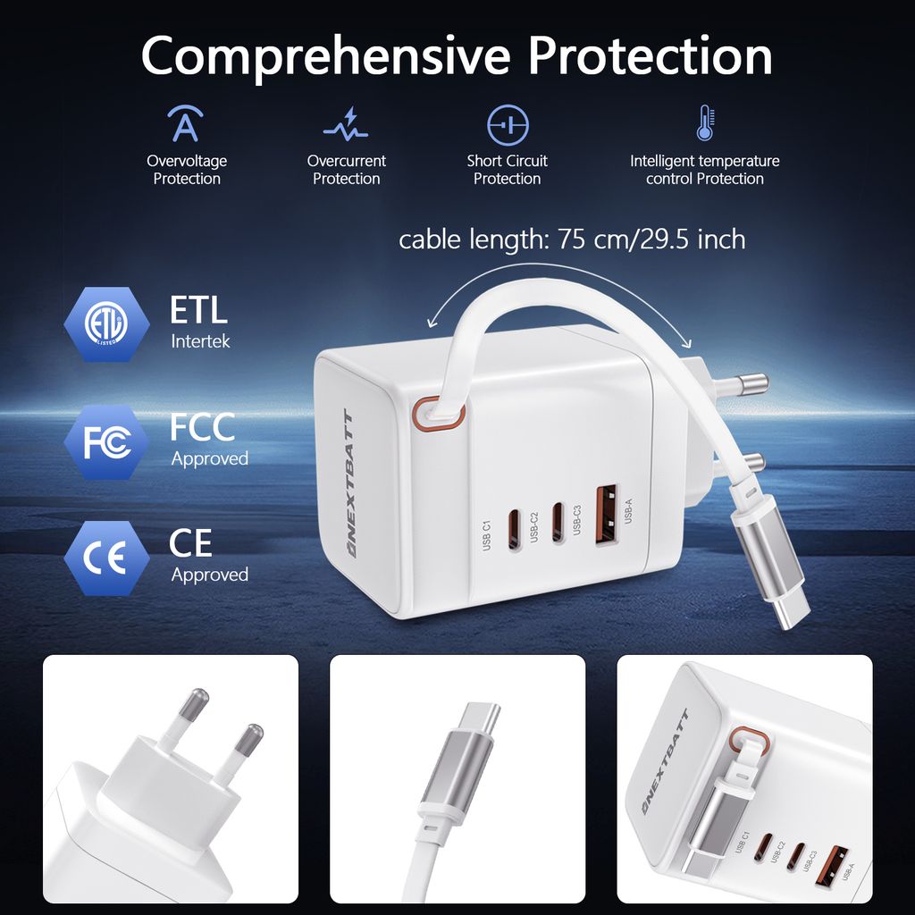 SiGN 100W GaN Snabbladdare med utdragbar USB-C-kabel Vit