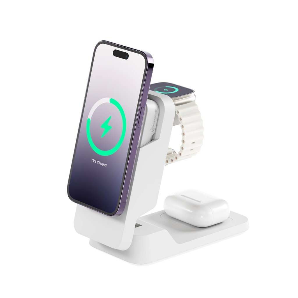 Alogic Matrix Ultimate 3-in-1 Trådlös Laddare med Powerbank MagSafe Vit