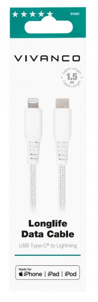Vivanco Kabel Longlife Braided USB-C/Lightning 1.5m Vit