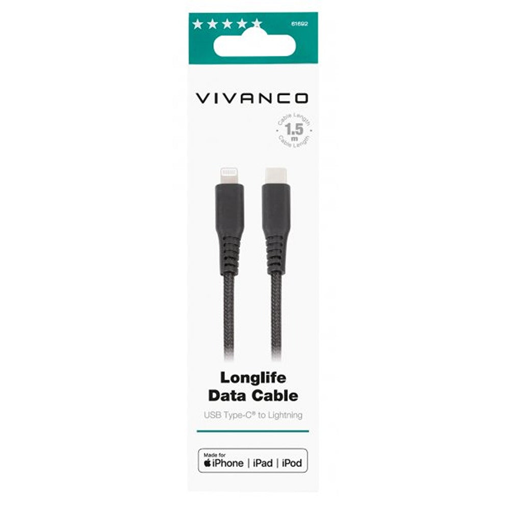 Vivanco Kabel Longlife Braided USB-C/Lightning 1.5m Svart