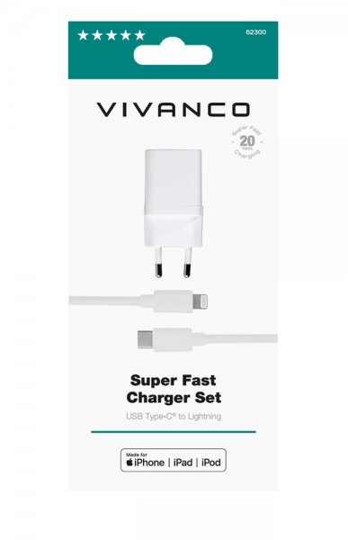 Vivanco Laddare med Kabel Super Fast Charger Set USB-C/Lightning 20W 1.2m Vit