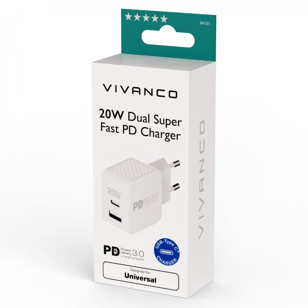 Vivanco Laddare 20W Dual Super Fast PD Charger Vit