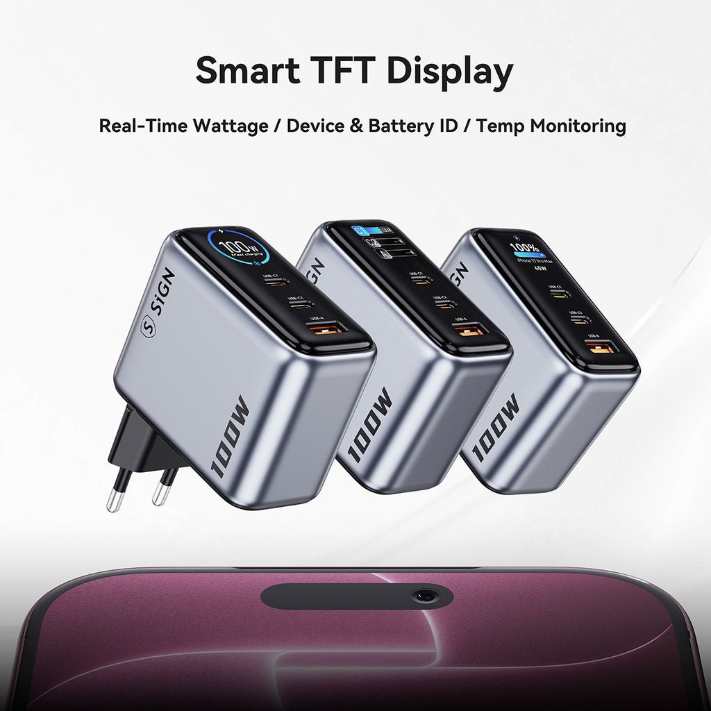 SiGN 100W Snabbladdare med Display 2xUSB-C/1xUSB-A Grå