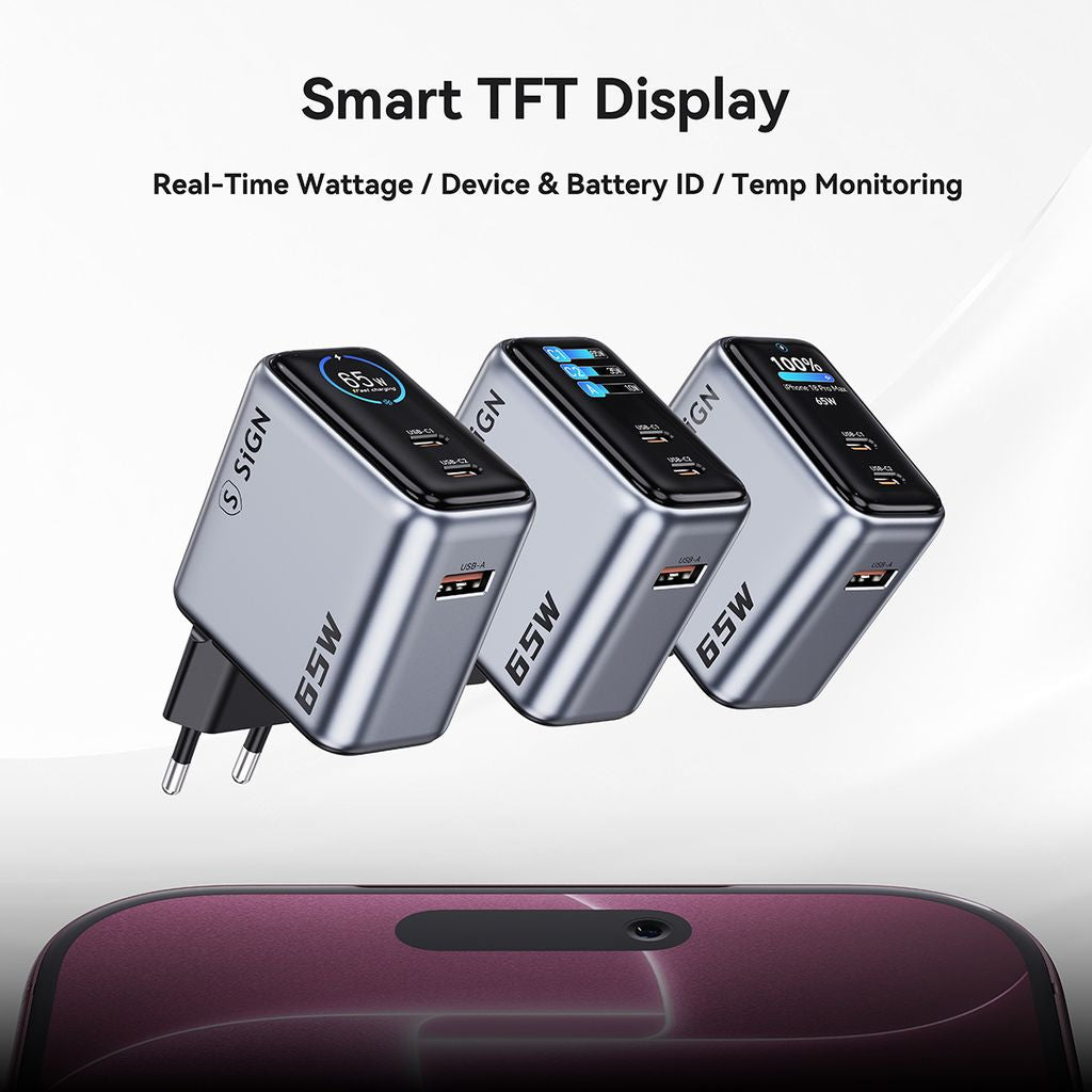 SiGN 65W Väggladdare med Display 2xUSB-C/1x USB-A Grå