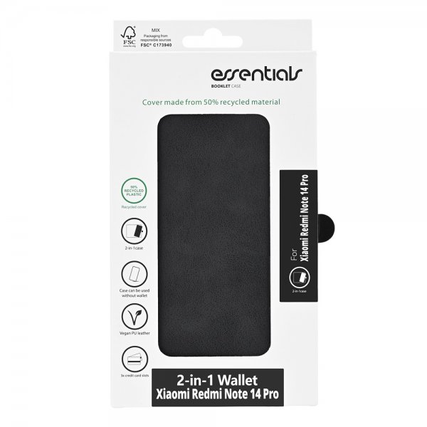 Essentials Xiaomi Redmi Note 14 Pro 5G Fodral 2-in-1 Vegan Leather Svart