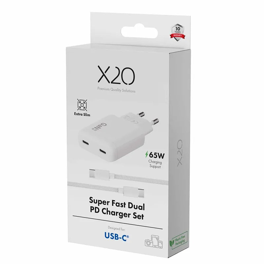 X2O 65W Dual Slim Hemmaladdarset USB-C/C GaN 1.5m Vit
