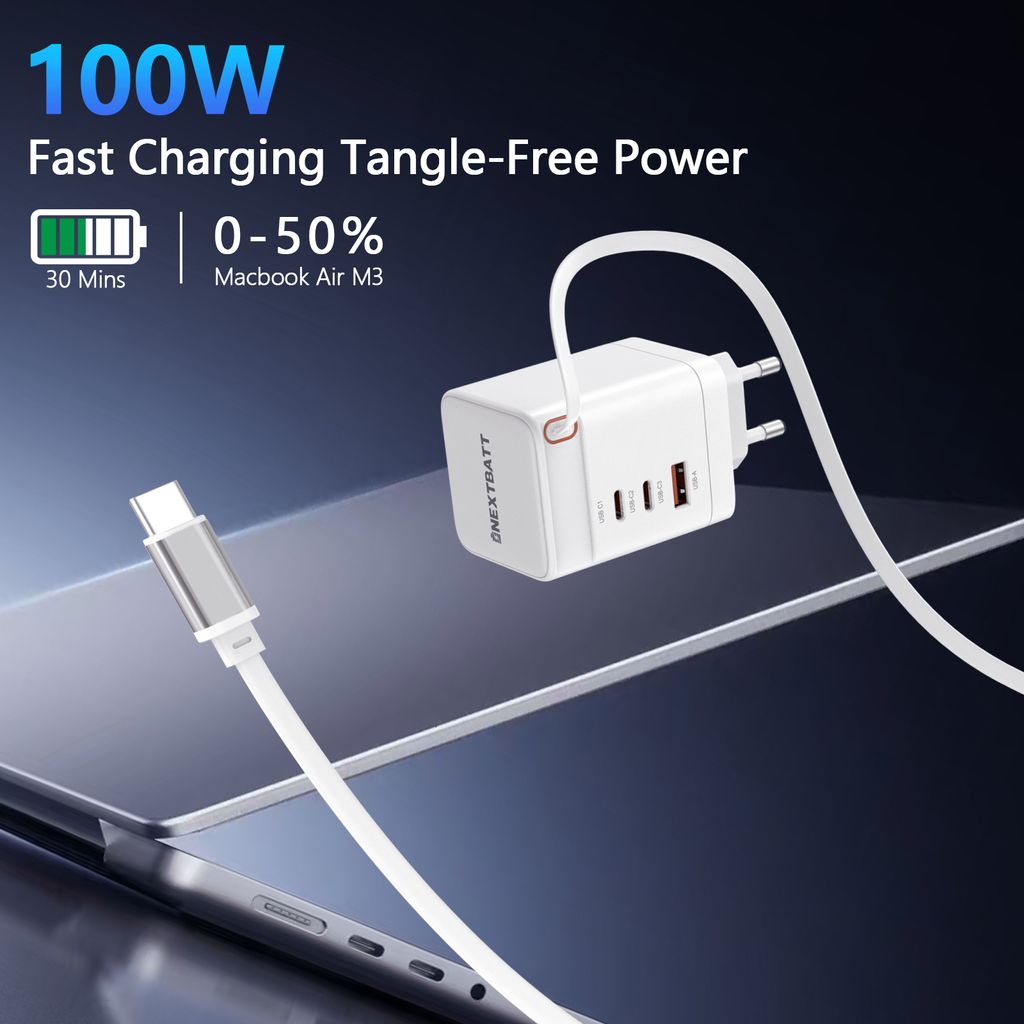 SiGN 100W GaN Snabbladdare med utdragbar USB-C-kabel Vit