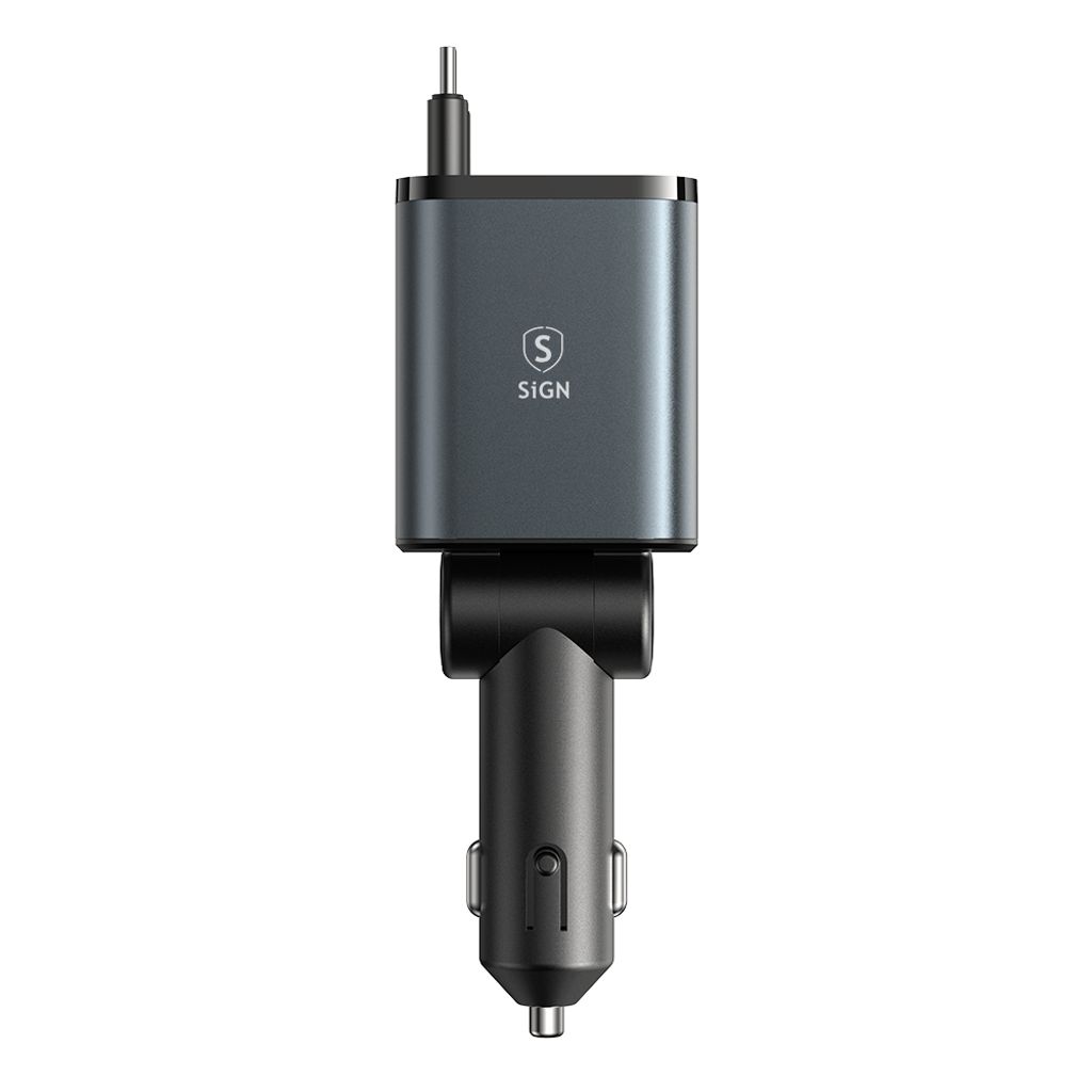 SiGN 4-i-1 Billaddare med utdragbara USB-C/Lightning-kablar 45W