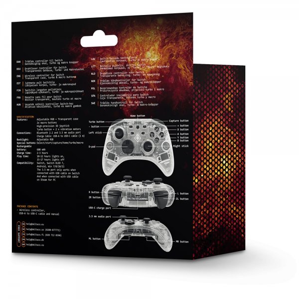 Deltaco Gaming Trådlös Kontroll för Nintendo Switch Transparent RGB