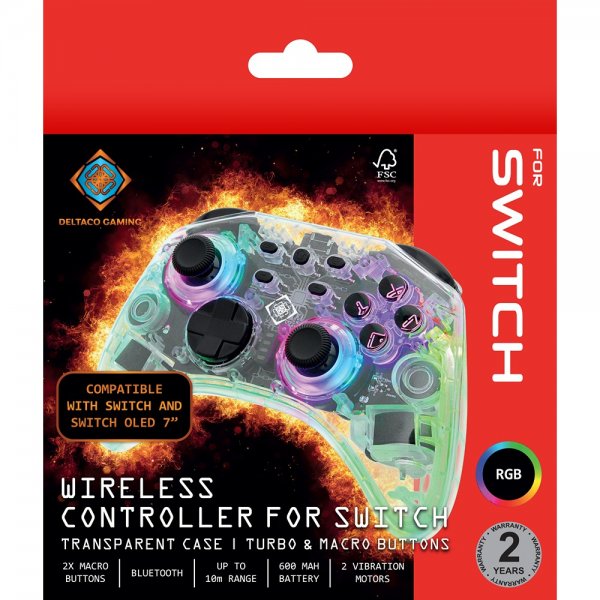 Deltaco Gaming Trådlös Kontroll för Nintendo Switch Transparent RGB