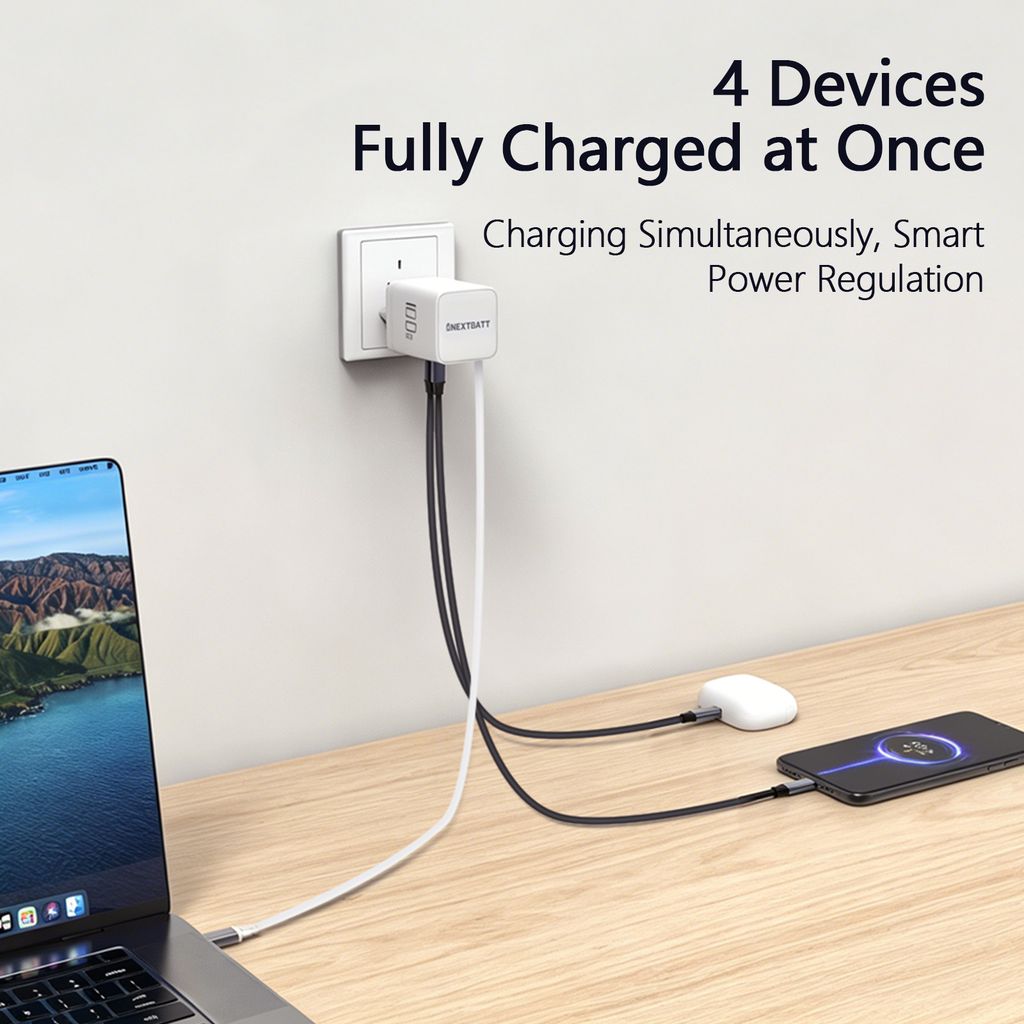 SiGN 100W GaN Snabbladdare med utdragbar USB-C-kabel Vit