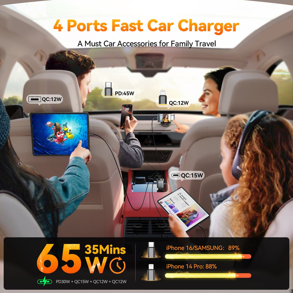 SiGN 4-i-1 Billaddare med utdragbara USB-C/Lightning-kablar 45W