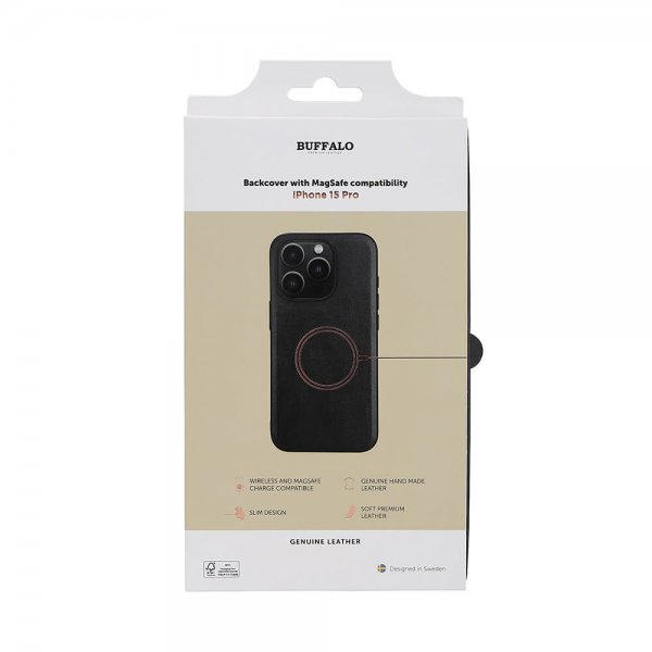 Buffalo iPhone 15 Pro Skal Äkta läder MagSeries Svart