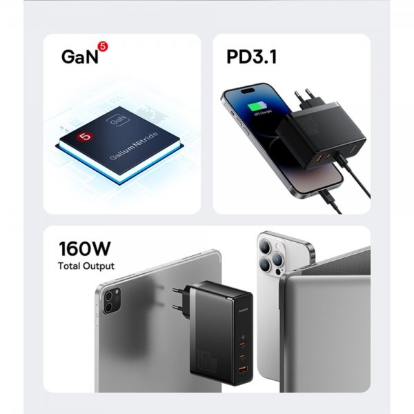 Baseus GaN5 Pro Fast Charger 2xUSB-C & 1xUSB-A 160W