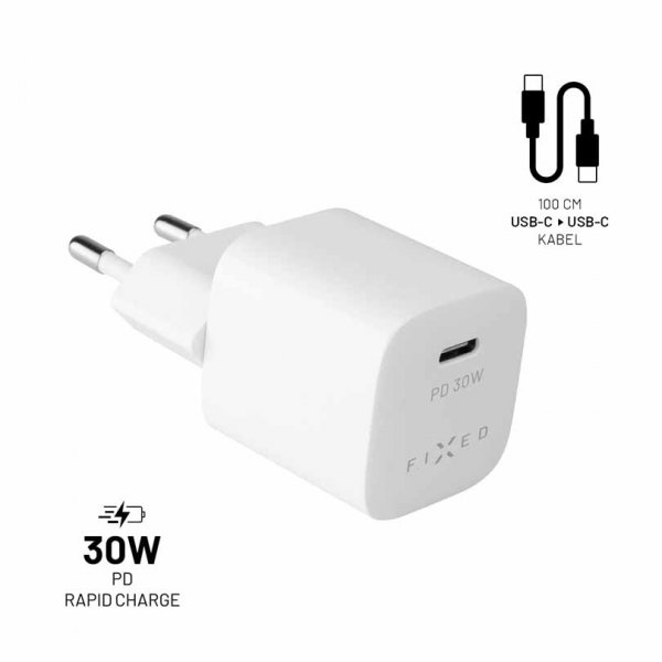 Fixed Laddare med Kabel Mini PD Travel Charger Kit USB-C/USB-C 30W Vit
