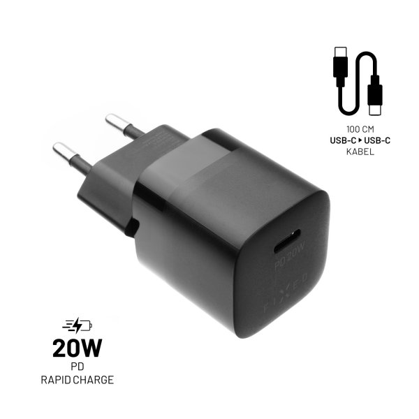 Fixed Laddare med Kabel Mini PD Travel Charger Kit USB-C/USB-C 20W Svart