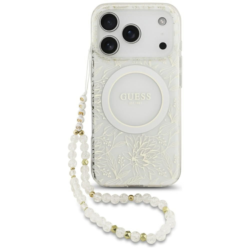 Guess iPhone 17 Pro/iPhone 18 Pro Skal Electroplated Flowers Pearl Strap Vit