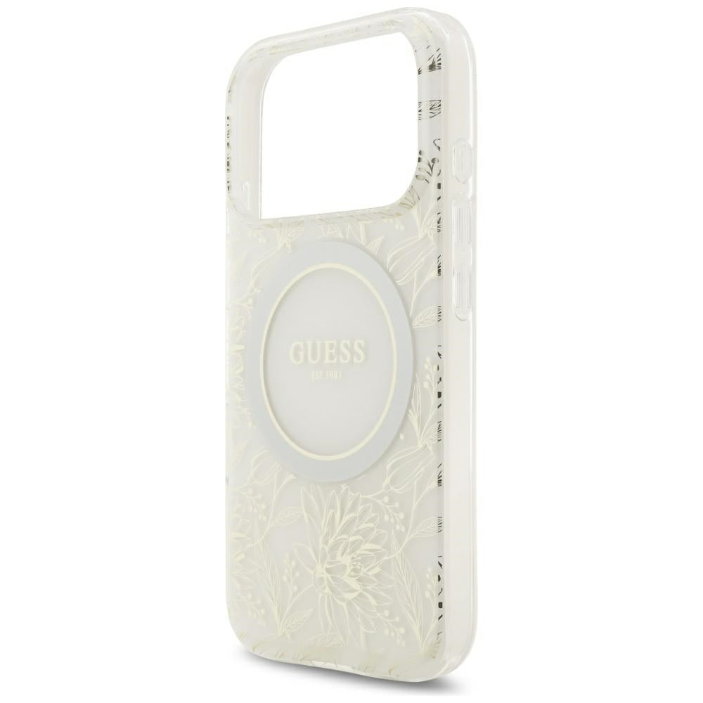 Guess iPhone 17 Pro/iPhone 18 Pro Skal Electroplated Flowers Pearl Strap Vit