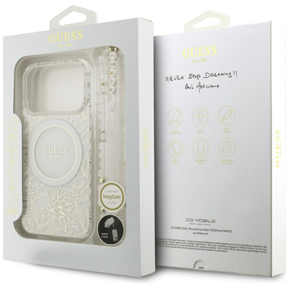 Guess iPhone 17 Pro/iPhone 18 Pro Skal Electroplated Flowers Pearl Strap Vit
