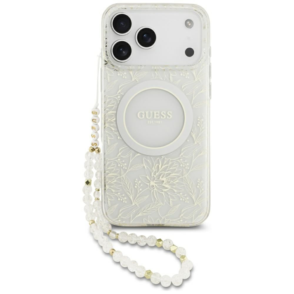 Guess iPhone 17 Pro Max/iPhone 18 Pro Max Skal Electroplated Flowers Pearl Strap Vit