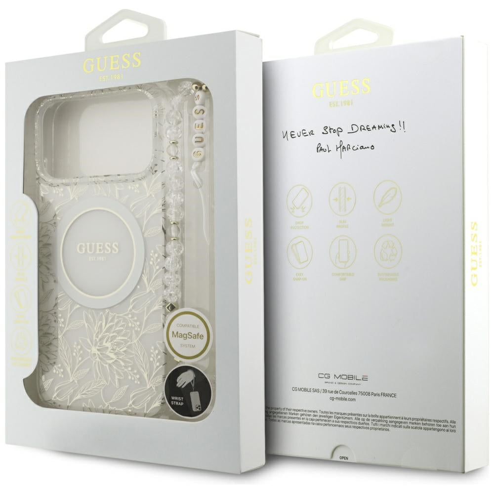 Guess iPhone 17 Pro Max/iPhone 18 Pro Max Skal Electroplated Flowers Pearl Strap Vit