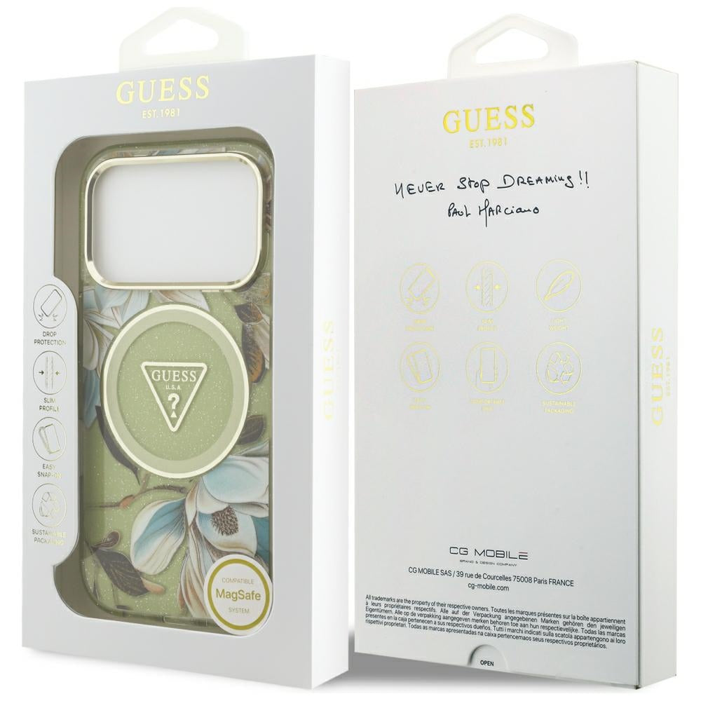 Guess iPhone 17 Pro/iPhone 18 Pro Skal Glitter Flowers Grön
