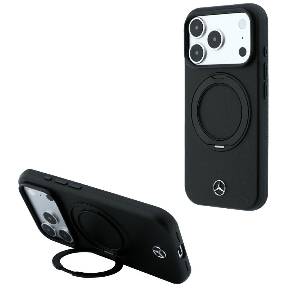 Mercedes Benz iPhone 17 Pro/iPhone 18 Pro Skal Leather Ring Stand Svart