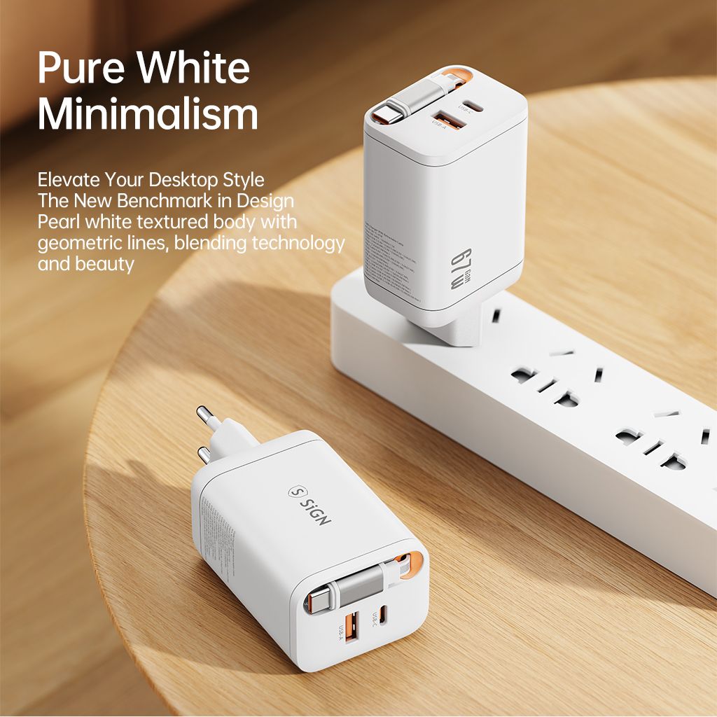 SiGN 65W Snabbladdare GaN med utdragbar USB-C kabel Vit