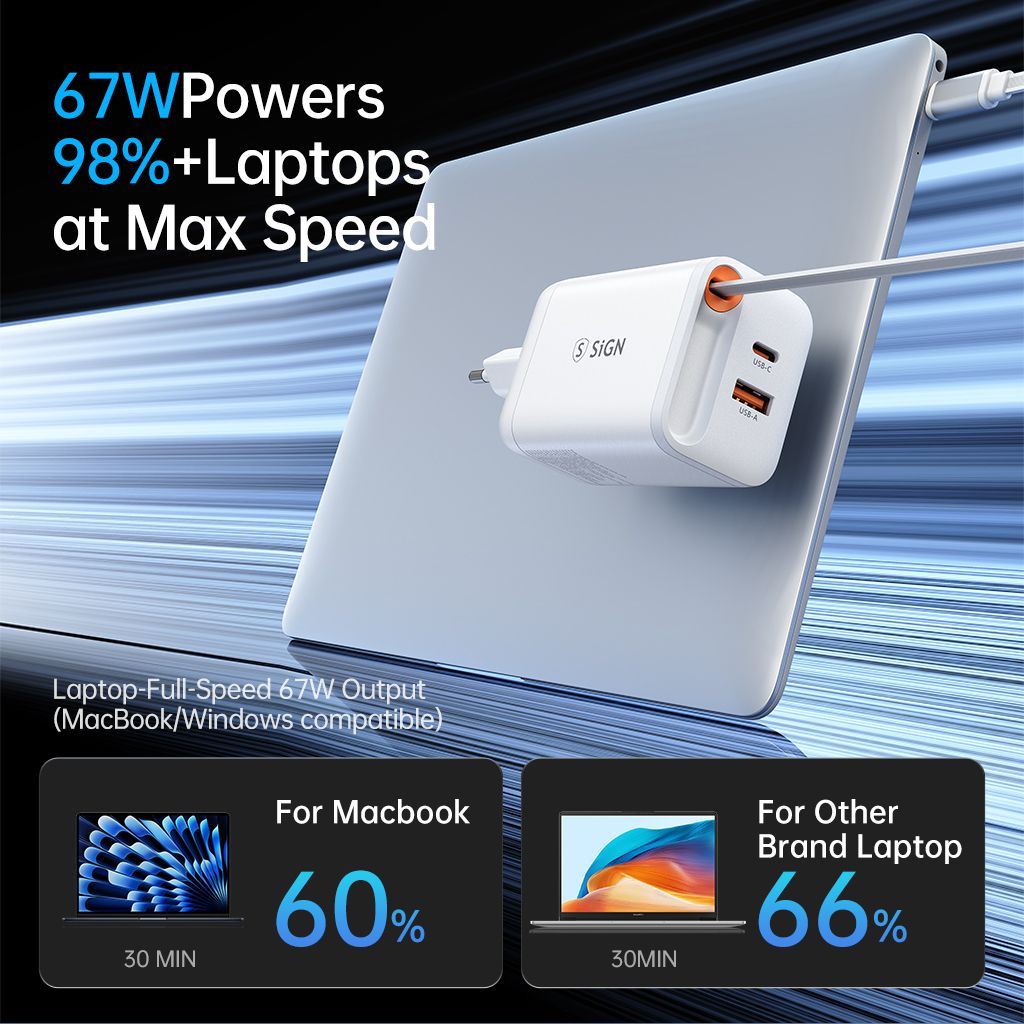 SiGN 65W Snabbladdare GaN med utdragbar USB-C kabel Vit