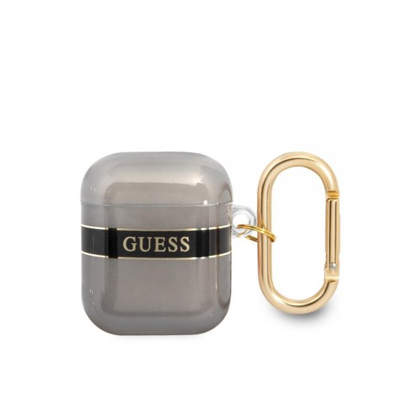Guess AirPods 1/2 Skal Printed Stripe & Gold Hook Svart
