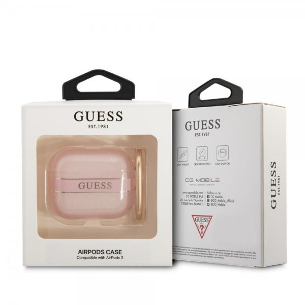 Guess AirPods 3 Skal Printed Stripe & Gold Hook Rosa