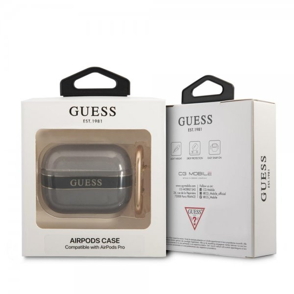 Guess AirPods Pro Skal Printed Stripe & Gold Hook Svart