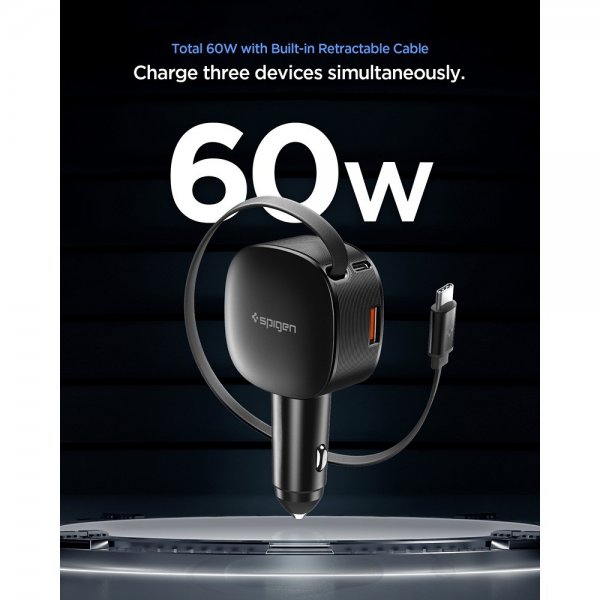 Spigen Essential Billaddare med inbyggd Kabel 60W Svart