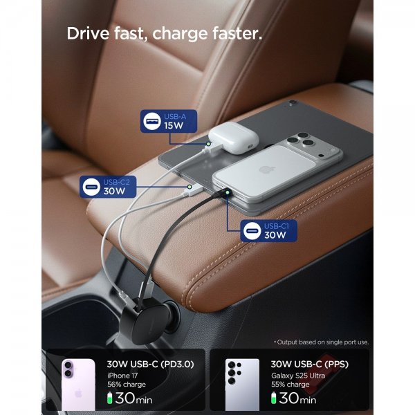 Spigen Essential Billaddare med inbyggd Kabel 60W Svart