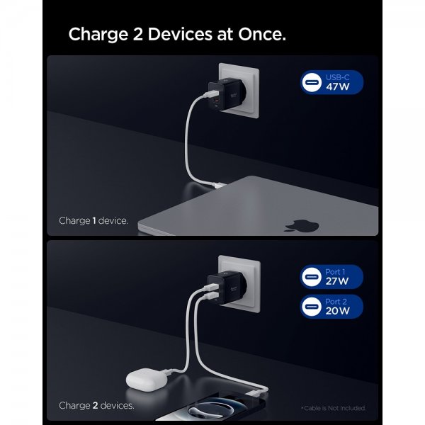 Spigen Essential Laddare 47W 2xUSB-C Svart
