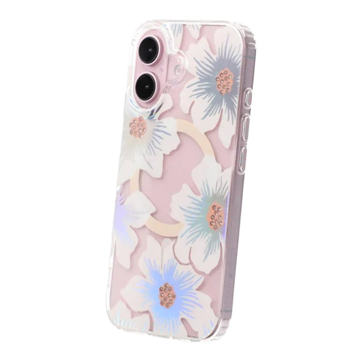 iPhone 16 Skal Blommigt Strass MagSafe Blå Lila