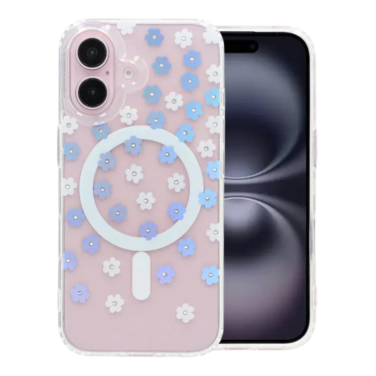 iPhone 16 Skal Blommigt Strass MagSafe Blå