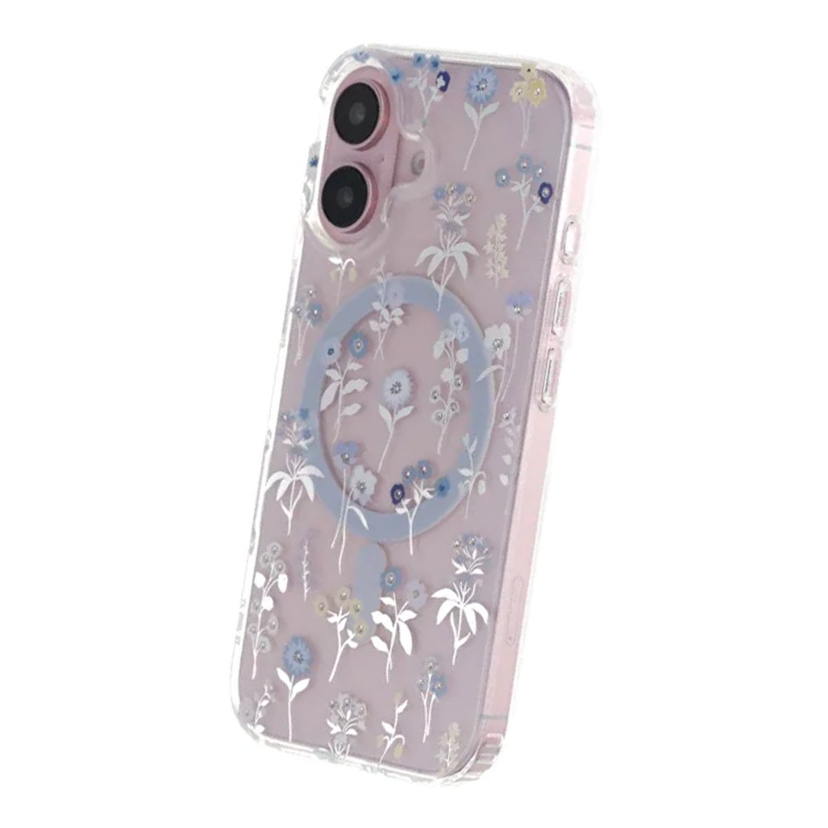 iPhone 16 Skal Blommigt Strass MagSafe Lila