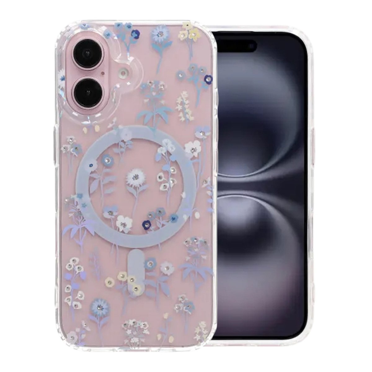 iPhone 16 Skal Blommigt Strass MagSafe Lila