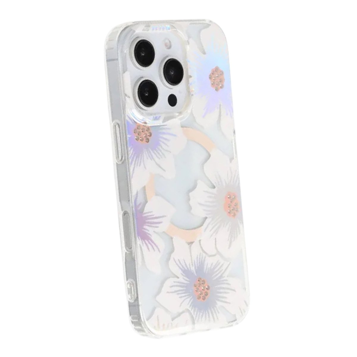 iPhone 16 Pro Skal Blommigt Strass MagSafe Blå Lila