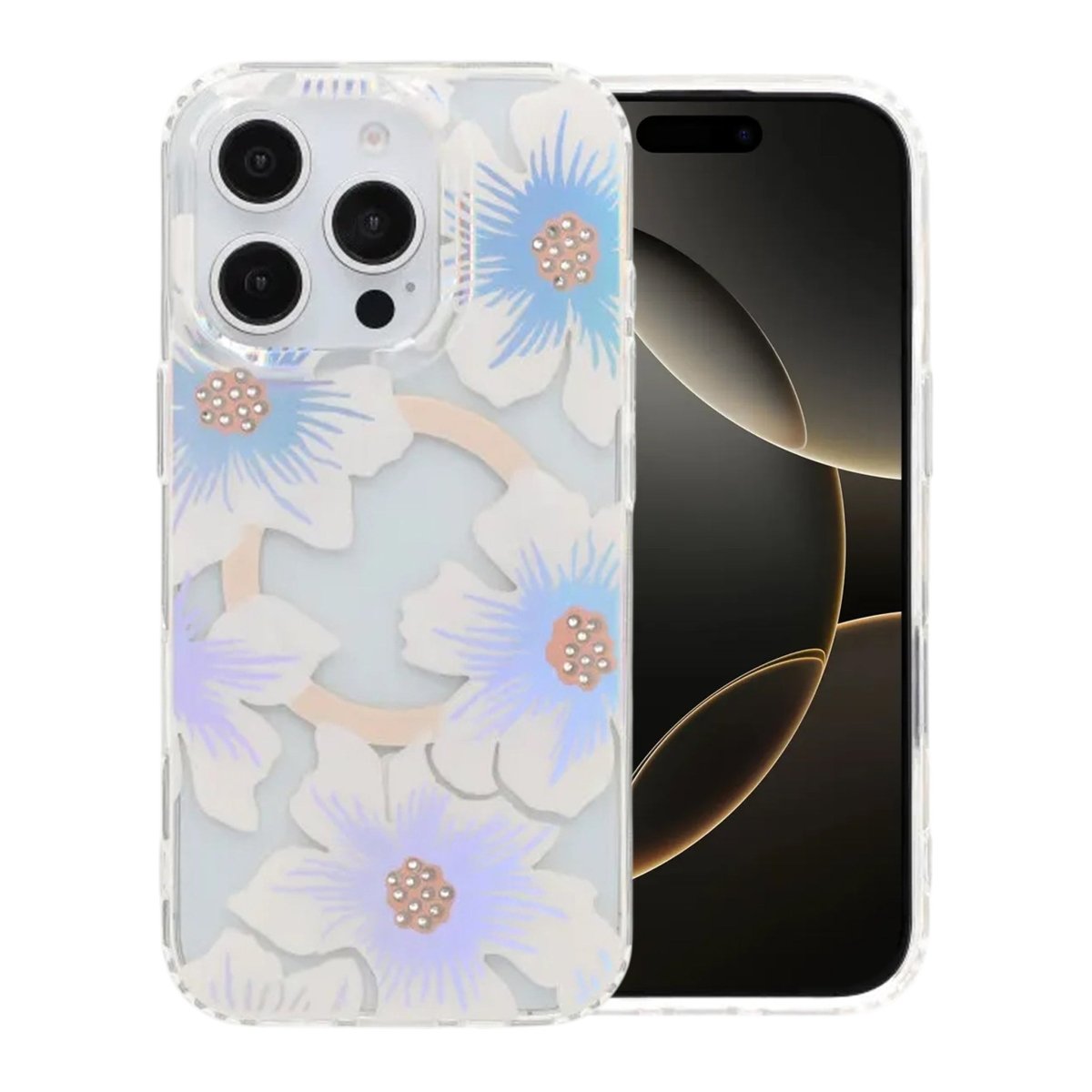 iPhone 16 Pro Skal Blommigt Strass MagSafe Blå Lila