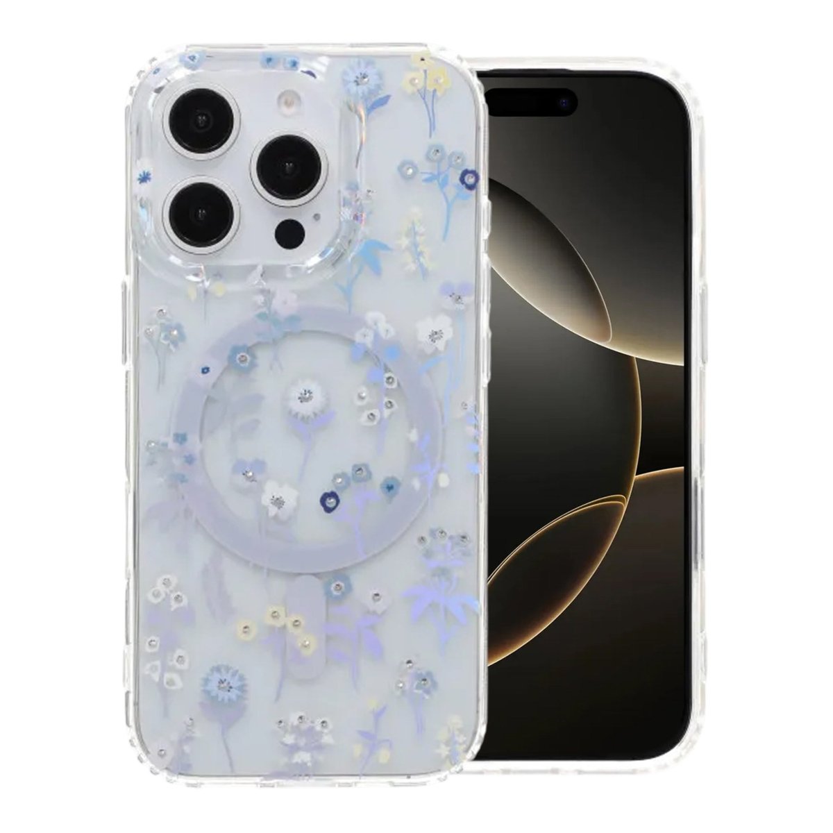 iPhone 16 Pro Max Skal Blommigt Strass MagSafe Lila