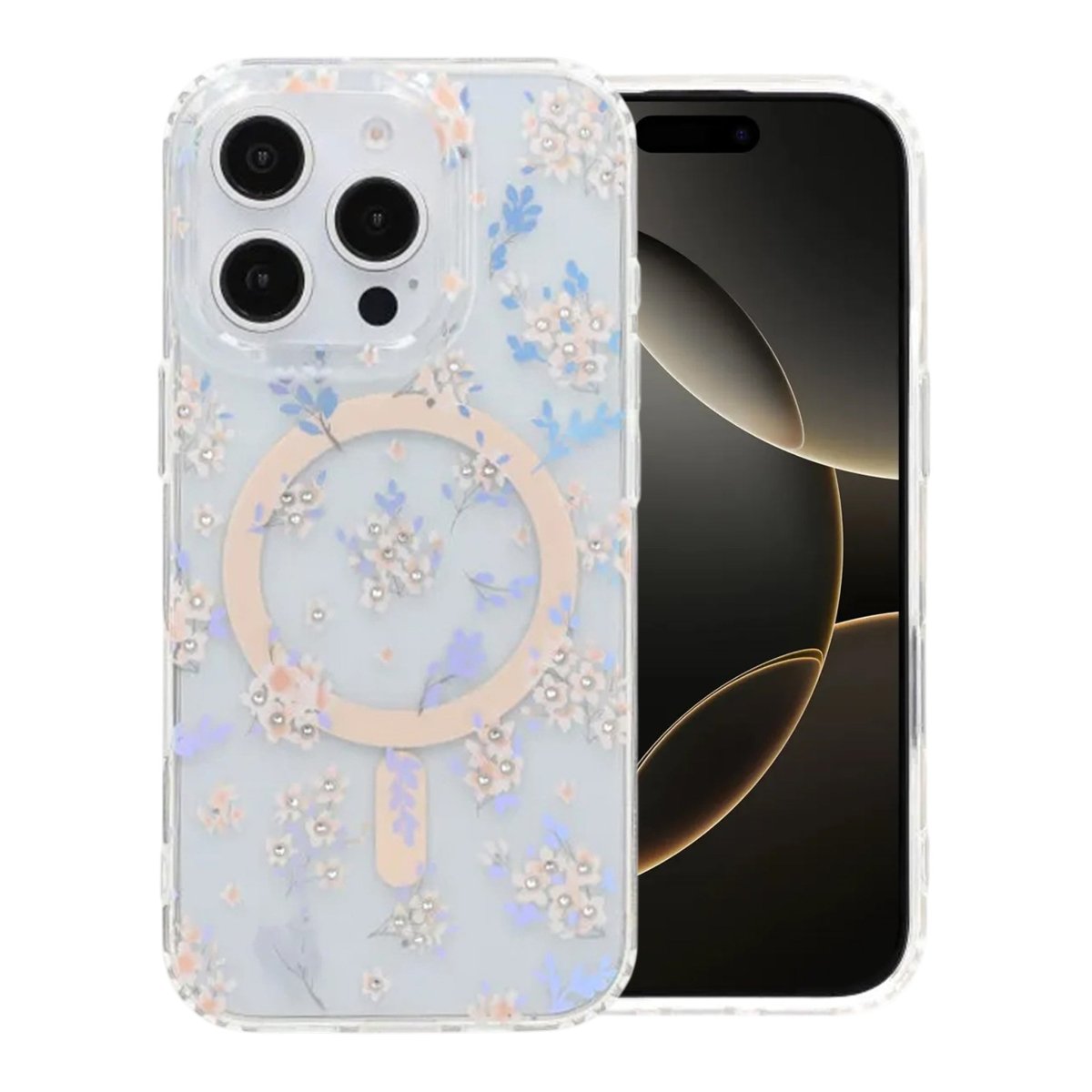 iPhone 16 Pro Max Skal Blommigt Strass MagSafe Rosa