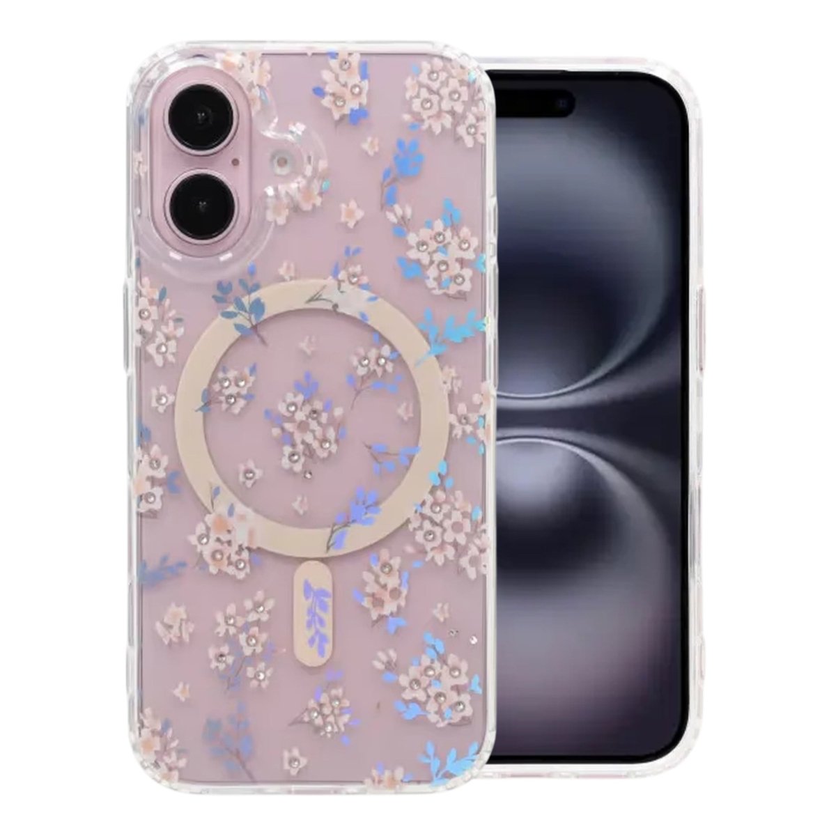 iPhone 16 Skal Blommigt Strass MagSafe Rosa