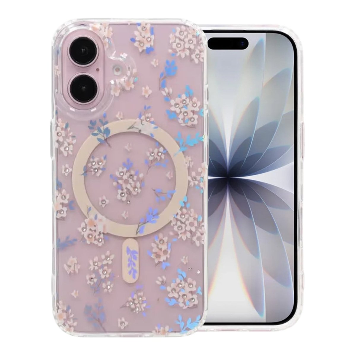 iPhone 17 Skal Blommigt Strass MagSafe Rosa