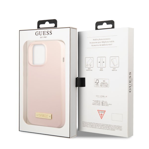 Guess iPhone 13 Pro Skal Silicone Metal Plate MagSafe Rosa