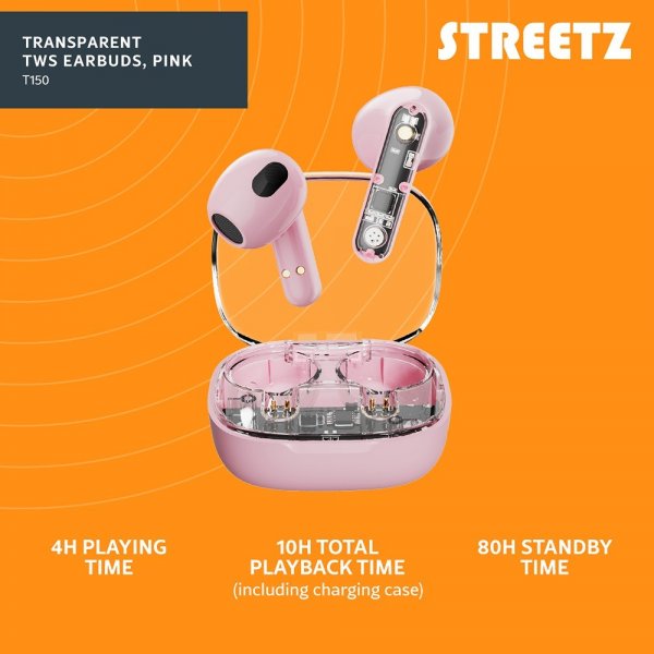 Streetz Hörlurar T150 Transparent True Wireless Earbuds Rosa